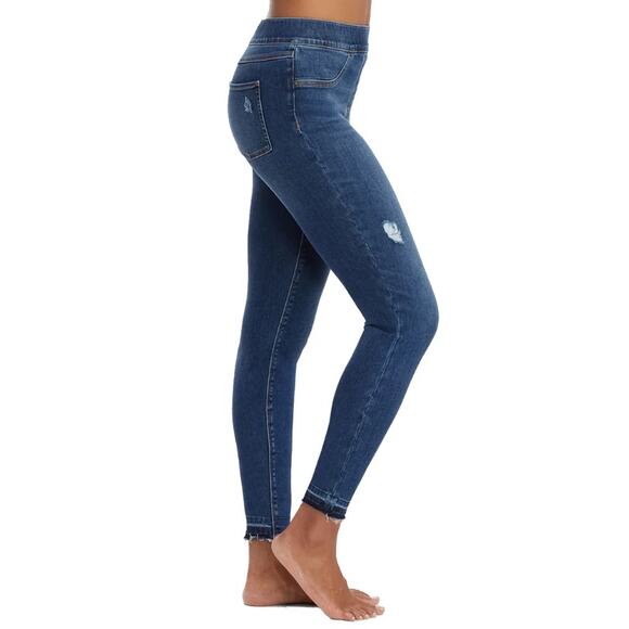 Spanx Medium Wash Distressed Denim Ankle Leggings Womens Small Mid Rise Raw Hem - Picture 2 of 12